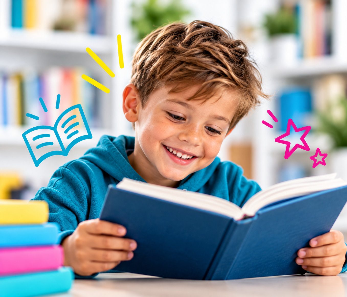 A smiling boy reads a blue hardcover book
