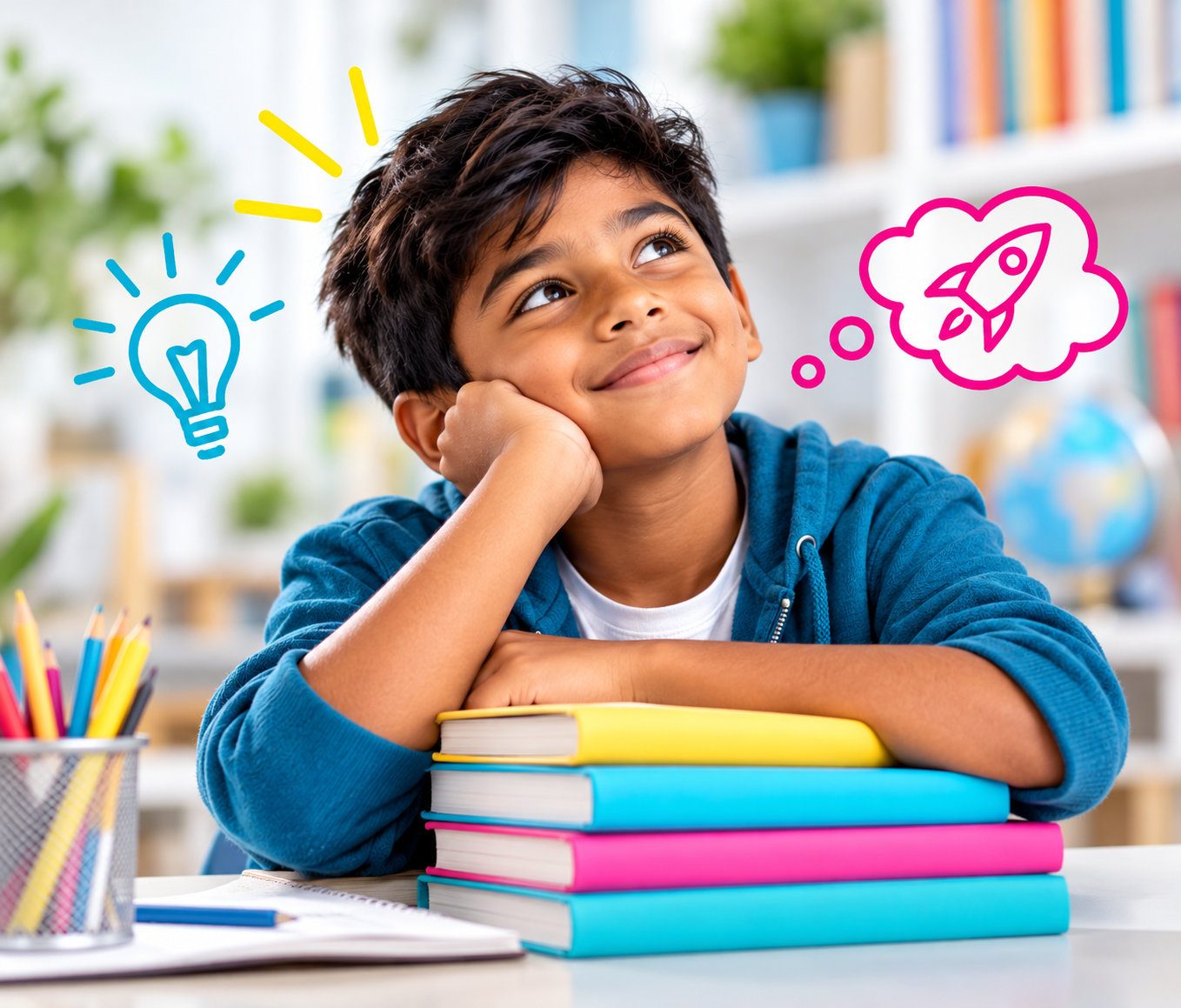 A boy leans on a stack of books, imagining ideas with a light bulb and rocket doodle