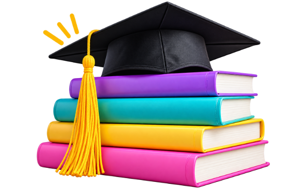A graduation cap resting on a stack of colourful books