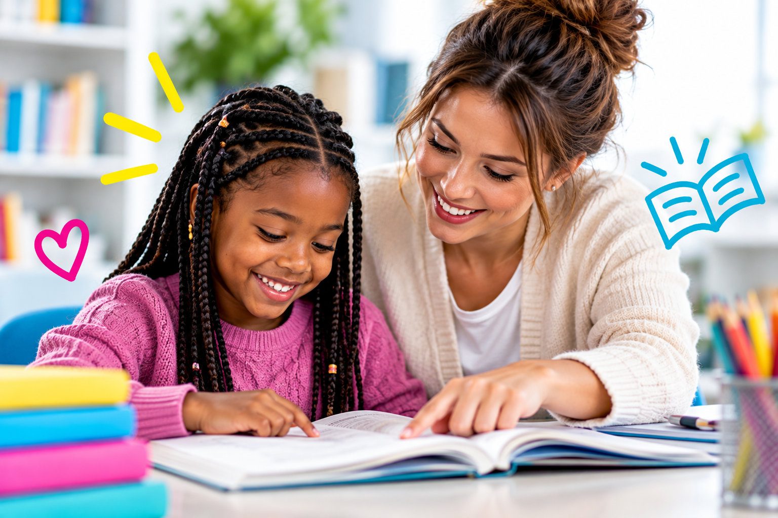 A teacher points to a line in a book while a girl reads along